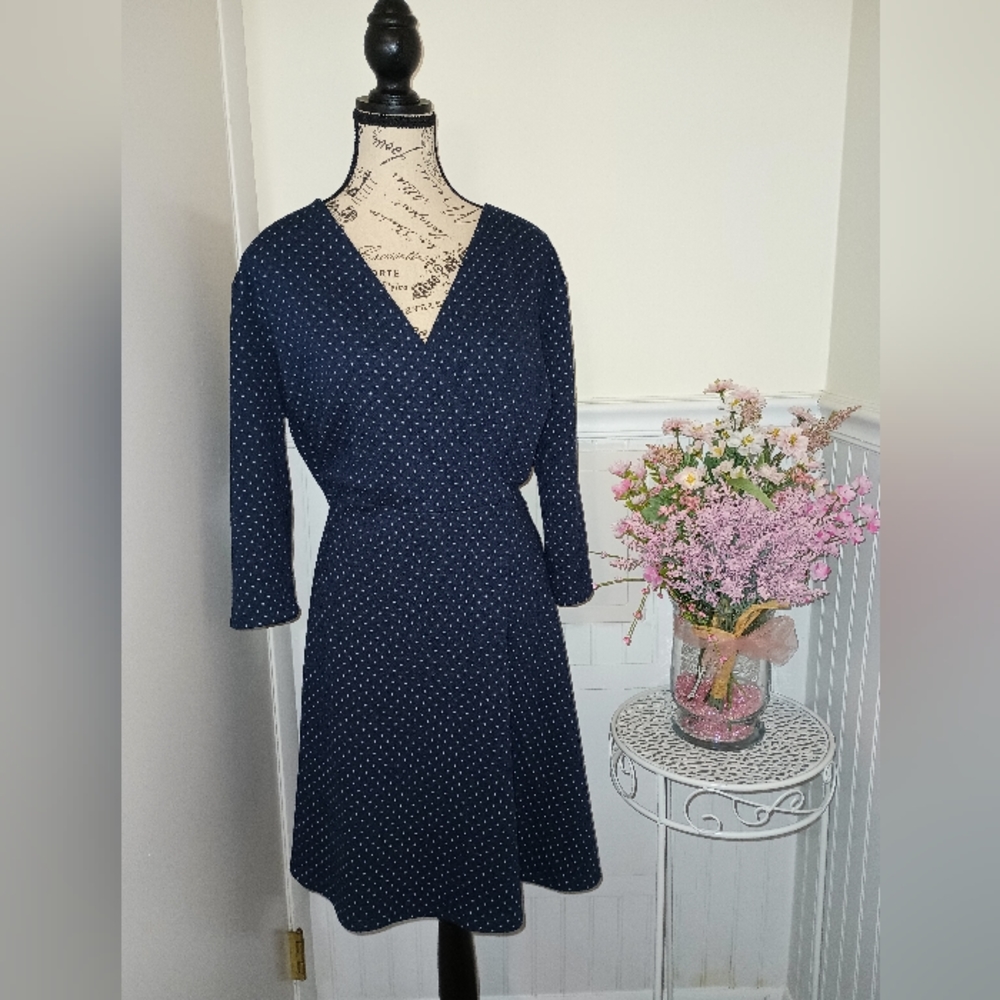 Women's Loft Plus Navy Blue and Gray 3/4 Sleeve V Neck Dress Size 16